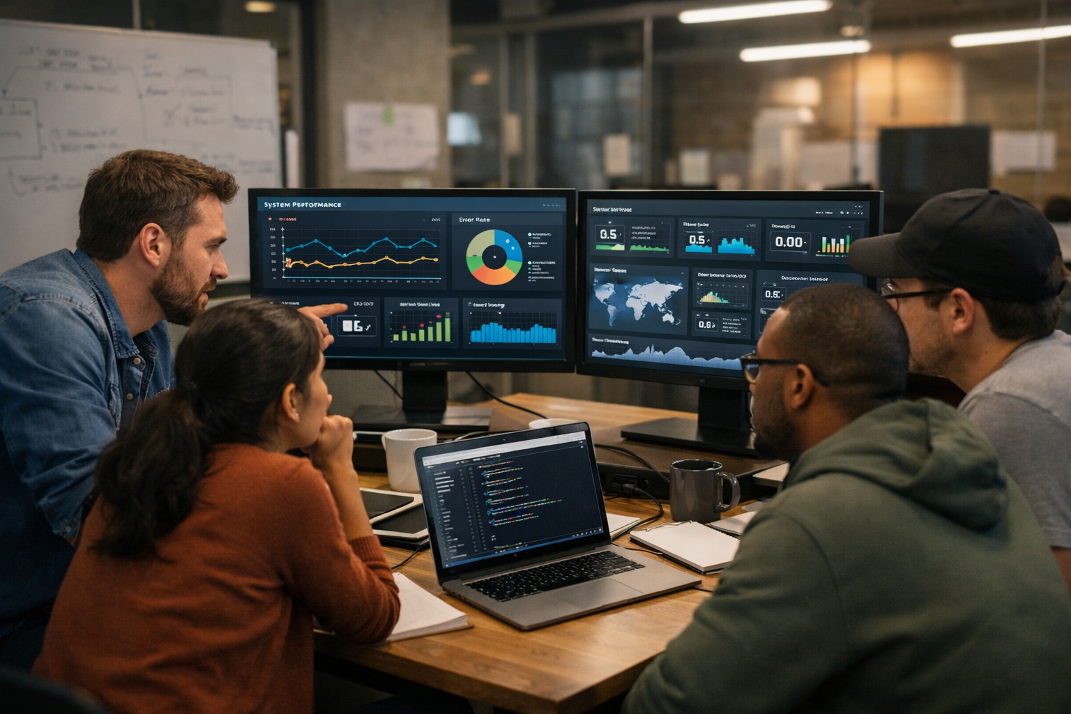 fotografía Un equipo de ingenieros de software revisando los cuadros de mando de rendimiento en un espacio de trabajo concentrado.