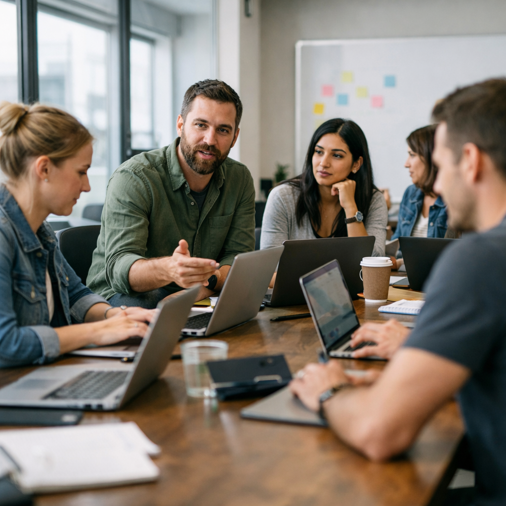 fotográfico Fotografía profesional de un equipo de desarrollo de productos centrado en una oficina moderna durante una sesión de planificación de sprints portátiles d natural abierto.